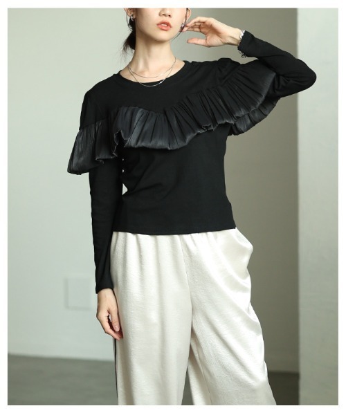 Sawa a la mode(サワアラモード)の「シフォンフリルカットソートップス(Tシャツ/カットソー・レディース・ブラック/ブラック×ホワイト・FREE)」の19枚目の写真