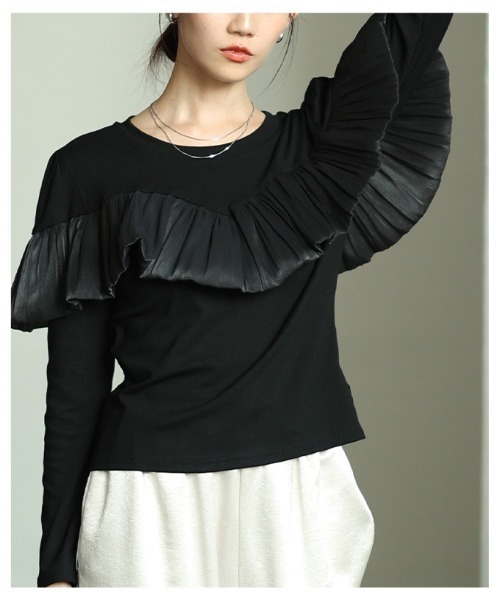 Sawa a la mode(サワアラモード)の「シフォンフリルカットソートップス(Tシャツ/カットソー・レディース・ブラック/ブラック×ホワイト・FREE)」の21枚目の写真