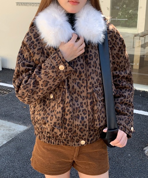 セール】【2WAY】ファー襟取り外しレオパード柄ジャケット/ふわふわ