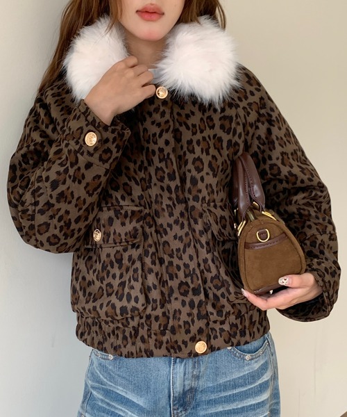 セール】【2WAY】ファー襟取り外しレオパード柄ジャケット/ふわふわ