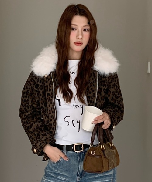 セール】【2WAY】ファー襟取り外しレオパード柄ジャケット/ふわふわ