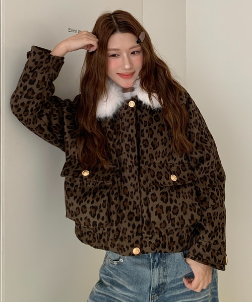 セール】【2WAY】ファー襟取り外しレオパード柄ジャケット/ふわふわ