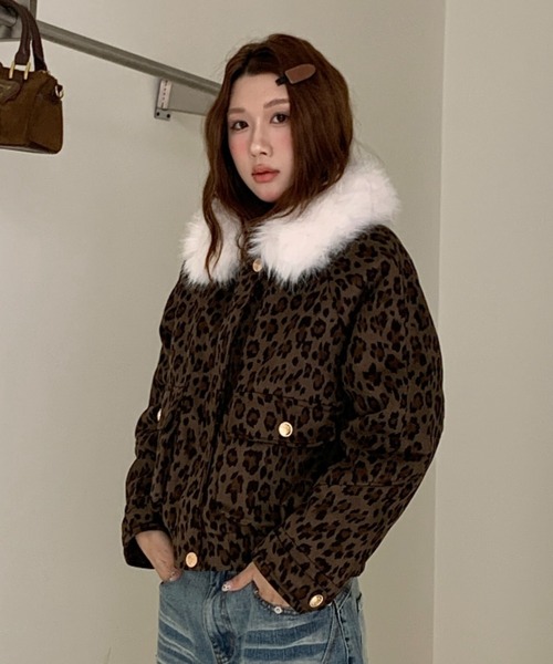 セール】【2WAY】ファー襟取り外しレオパード柄ジャケット/ふわふわ