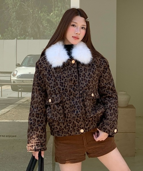 セール】【2WAY】ファー襟取り外しレオパード柄ジャケット/ふわふわ