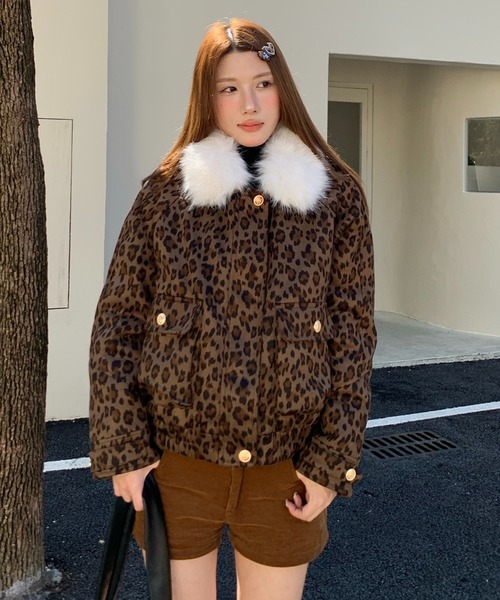 セール】【2WAY】ファー襟取り外しレオパード柄ジャケット/ふわふわ