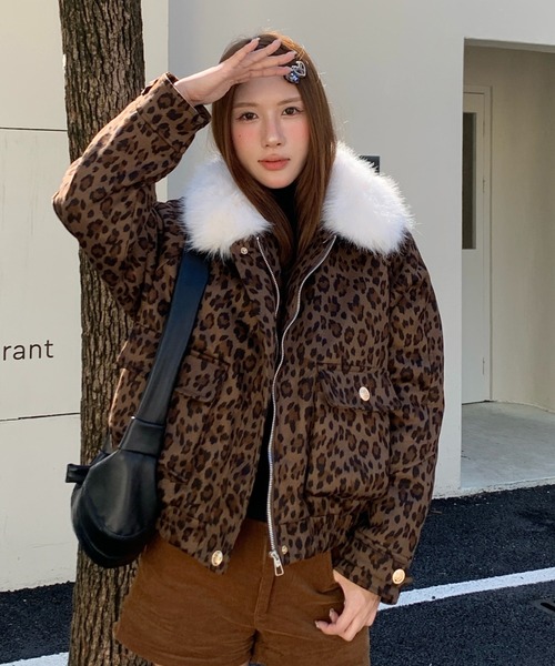 セール】【2WAY】ファー襟取り外しレオパード柄ジャケット/ふわふわ