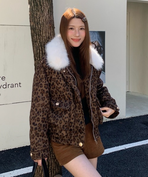 セール】【2WAY】ファー襟取り外しレオパード柄ジャケット/ふわふわ