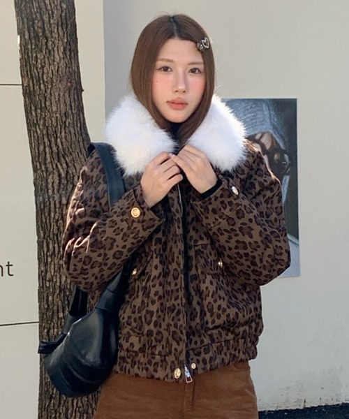 セール】【2WAY】ファー襟取り外しレオパード柄ジャケット/ふわふわ