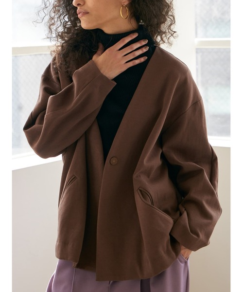 Brown&Street（ブラウンアンドストリート）の「Ｖネックカットソージャケット（ノーカラージャケット・レディース・ブラウン/ブラック・FREE）」の5枚目の写真
