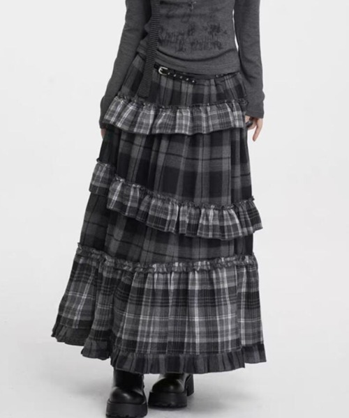 semplice(センプリチェ)の「プリーツアクセント満載!レトロ風チェック柄のレイヤードロングスカート(スカート・レディース・ブラウン/ブラック・F)」の3枚目の写真