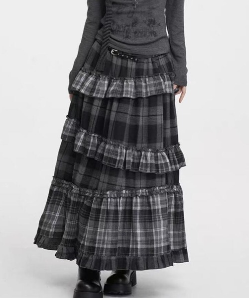 semplice(センプリチェ)の「プリーツアクセント満載!レトロ風チェック柄のレイヤードロングスカート(スカート・レディース・ブラウン/ブラック・F)」の6枚目の写真