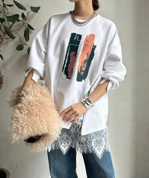DouDou(ドゥドゥ)の「【WEB限定】ペイント柄トップス(Tシャツ/カットソー・レディース・ホワイト/ブラック/グレー・FREE)」の9枚目の写真