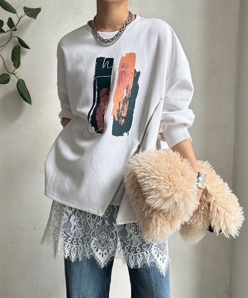 DouDou(ドゥドゥ)の「【WEB限定】ペイント柄トップス(Tシャツ/カットソー・レディース・ホワイト/ブラック/グレー・FREE)」の10枚目の写真