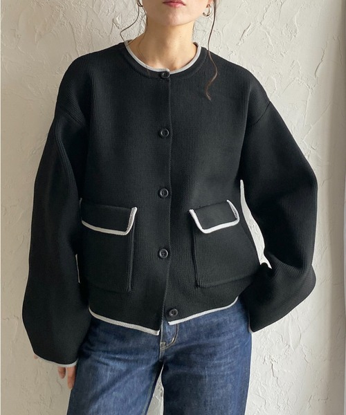 She's Closet(シーズクローゼット)の「ショート丈長袖配色バイカラーニットカーディガン(カーディガン/ボレロ・レディース・ブラウン/アイボリー/ブラック/チャコールグレー・FREE)」の1枚目の写真
