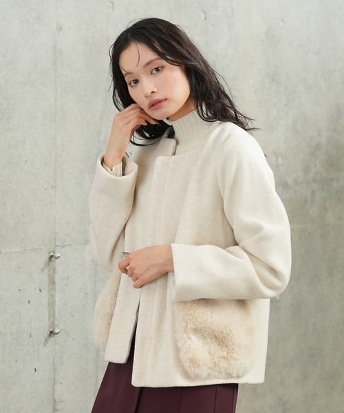 2wayポケットファーノーカラーショートコート（ノーカラーコート