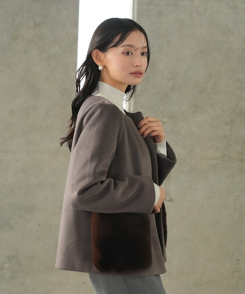 2wayポケットファーノーカラーショートコート（ノーカラーコート