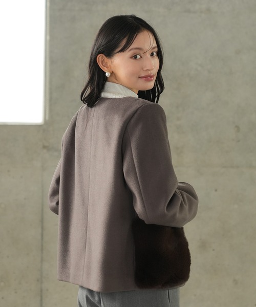 2wayポケットファーノーカラーショートコート（ノーカラーコート