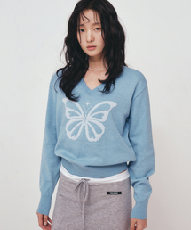 BUTTERFLY V NECK JACQUARD KNIT_SKY BLUE