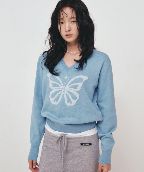 NICK&NICOLE(ニックアンドニコール)の「BUTTERFLY V NECK JACQUARD KNIT_SKY BLUE(ニット/セーター・レディース・その他・FREE)」の1枚目の写真