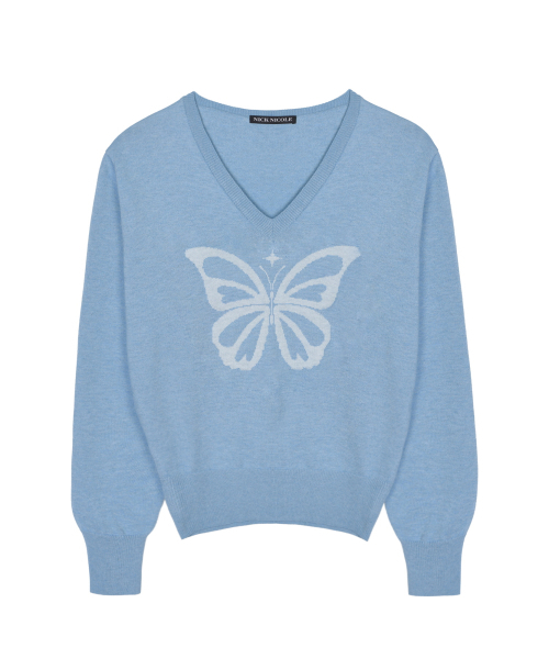 NICK&NICOLE(ニックアンドニコール)の「BUTTERFLY V NECK JACQUARD KNIT_SKY BLUE(ニット/セーター・レディース・その他・FREE)」の4枚目の写真