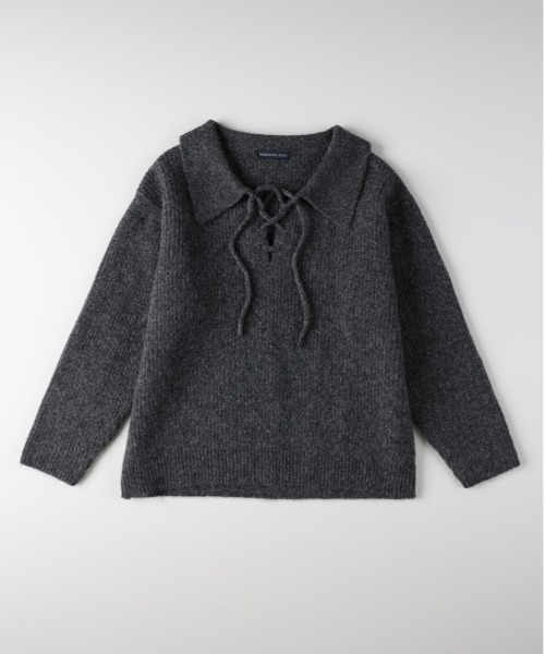 Right-on（ライトオン）の「【HONEYSUCKLE ROSE】メランジスキッパーセーター (大きめ襟/リボン付き/ゆるシルエット/フェミニン/オールシーズン)（ニット/セーター・レディース・ベージュ/ダークグレー/ブルー・L/M）」の2枚目の写真