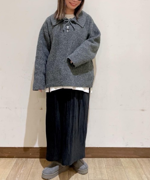 Right-on（ライトオン）の「【HONEYSUCKLE ROSE】メランジスキッパーセーター (大きめ襟/リボン付き/ゆるシルエット/フェミニン/オールシーズン)（ニット/セーター・レディース・ベージュ/ダークグレー/ブルー・L/M）」の15枚目の写真