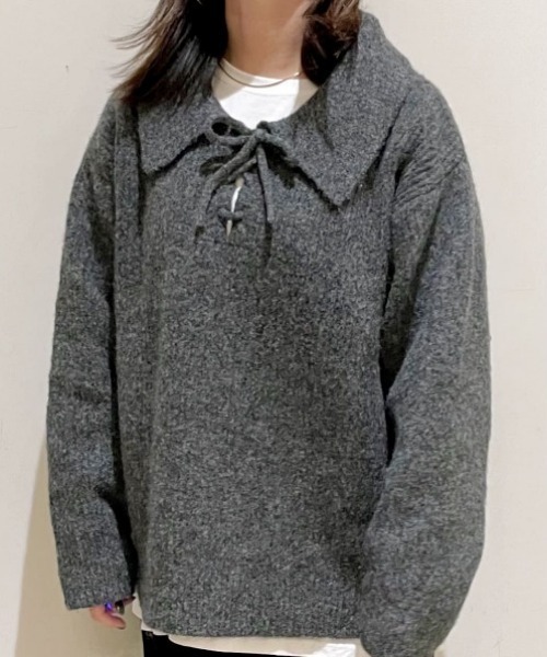 Right-on（ライトオン）の「【HONEYSUCKLE ROSE】メランジスキッパーセーター (大きめ襟/リボン付き/ゆるシルエット/フェミニン/オールシーズン)（ニット/セーター・レディース・ベージュ/ダークグレー/ブルー・L/M）」の14枚目の写真