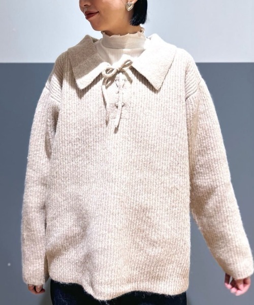 Right-on（ライトオン）の「【HONEYSUCKLE ROSE】メランジスキッパーセーター (大きめ襟/リボン付き/ゆるシルエット/フェミニン/オールシーズン)（ニット/セーター・レディース・ベージュ/ダークグレー/ブルー・L/M）」の22枚目の写真