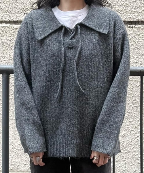 Right-on（ライトオン）の「【HONEYSUCKLE ROSE】メランジスキッパーセーター (大きめ襟/リボン付き/ゆるシルエット/フェミニン/オールシーズン)（ニット/セーター・レディース・ベージュ/ダークグレー/ブルー・L/M）」の17枚目の写真