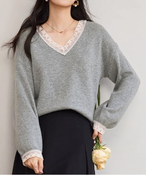 shoppinggo(ショッピングゴー)の「Vネックニット ニットトップス レース切り替え レディース 長袖 セーター オフィス OL 通勤 通学 きれいめ フェミニン(ニット/セーター・レディース・キャメル/ピンク/ホワイト/ブラック/グレー・FREE)」の3枚目の写真