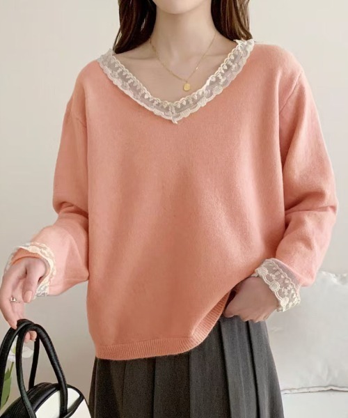 shoppinggo(ショッピングゴー)の「Vネックニット ニットトップス レース切り替え レディース 長袖 セーター オフィス OL 通勤 通学 きれいめ フェミニン(ニット/セーター・レディース・キャメル/ピンク/ホワイト/ブラック/グレー・FREE)」の5枚目の写真