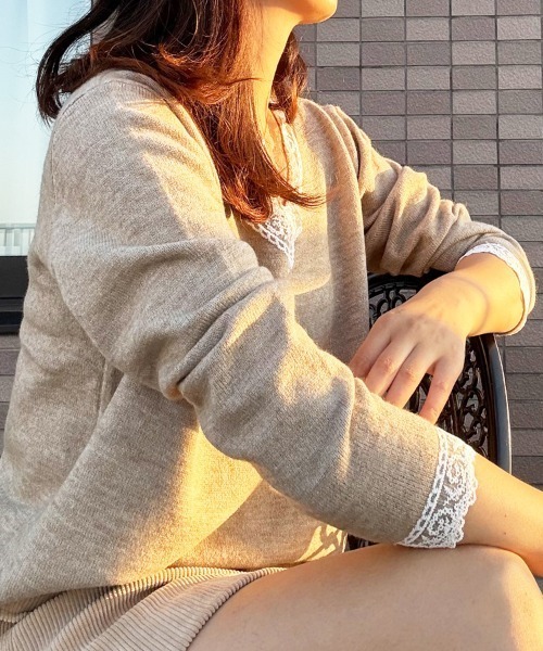 shoppinggo(ショッピングゴー)の「Vネックニット ニットトップス レース切り替え レディース 長袖 セーター オフィス OL 通勤 通学 きれいめ フェミニン(ニット/セーター・レディース・キャメル/ピンク/ホワイト/ブラック/グレー・FREE)」の22枚目の写真