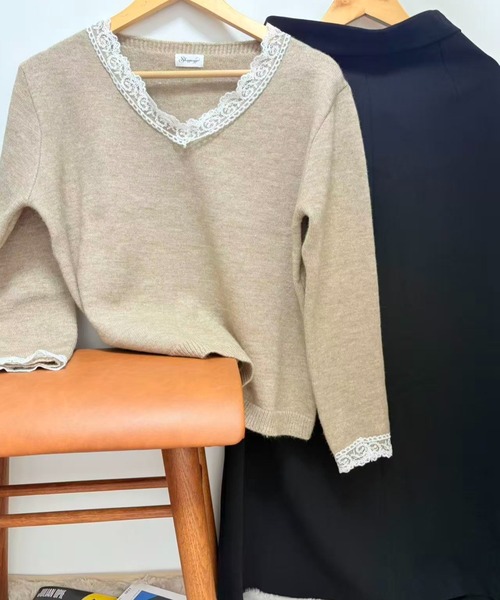 shoppinggo(ショッピングゴー)の「Vネックニット ニットトップス レース切り替え レディース 長袖 セーター オフィス OL 通勤 通学 きれいめ フェミニン(ニット/セーター・レディース・キャメル/ピンク/ホワイト/ブラック/グレー・FREE)」の15枚目の写真