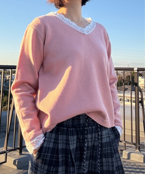 shoppinggo(ショッピングゴー)の「Vネックニット ニットトップス レース切り替え レディース 長袖 セーター オフィス OL 通勤 通学 きれいめ フェミニン(ニット/セーター・レディース・キャメル/ピンク/ホワイト/ブラック/グレー・FREE)」の21枚目の写真