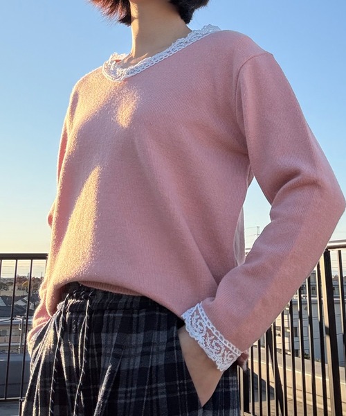 shoppinggo(ショッピングゴー)の「Vネックニット ニットトップス レース切り替え レディース 長袖 セーター オフィス OL 通勤 通学 きれいめ フェミニン(ニット/セーター・レディース・キャメル/ピンク/ホワイト/ブラック/グレー・FREE)」の20枚目の写真