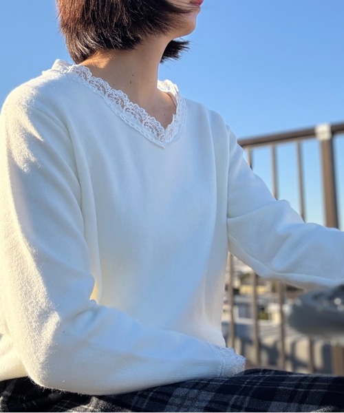 shoppinggo(ショッピングゴー)の「Vネックニット ニットトップス レース切り替え レディース 長袖 セーター オフィス OL 通勤 通学 きれいめ フェミニン(ニット/セーター・レディース・キャメル/ピンク/ホワイト/ブラック/グレー・FREE)」の19枚目の写真