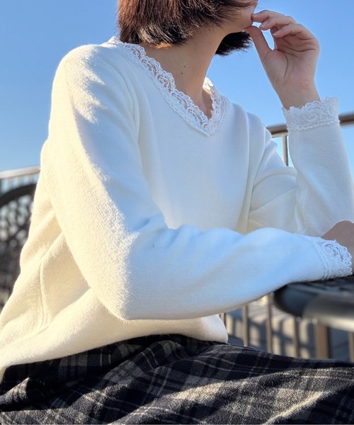 shoppinggo(ショッピングゴー)の「Vネックニット ニットトップス レース切り替え レディース 長袖 セーター オフィス OL 通勤 通学 きれいめ フェミニン(ニット/セーター・レディース・キャメル/ピンク/ホワイト/ブラック/グレー・FREE)」の18枚目の写真
