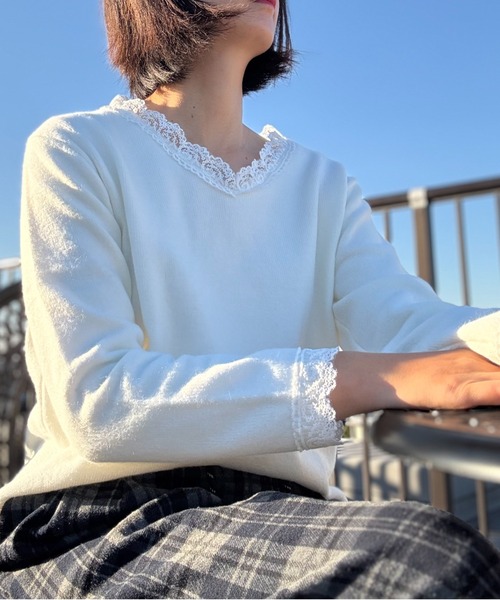 shoppinggo(ショッピングゴー)の「Vネックニット ニットトップス レース切り替え レディース 長袖 セーター オフィス OL 通勤 通学 きれいめ フェミニン(ニット/セーター・レディース・キャメル/ピンク/ホワイト/ブラック/グレー・FREE)」の16枚目の写真
