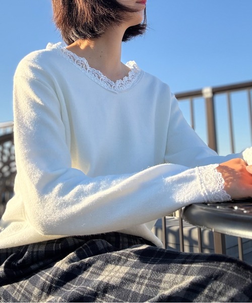 shoppinggo(ショッピングゴー)の「Vネックニット ニットトップス レース切り替え レディース 長袖 セーター オフィス OL 通勤 通学 きれいめ フェミニン(ニット/セーター・レディース・キャメル/ピンク/ホワイト/ブラック/グレー・FREE)」の8枚目の写真