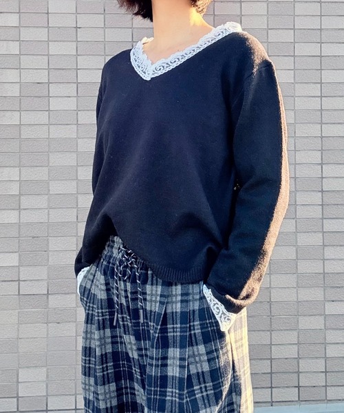 shoppinggo(ショッピングゴー)の「Vネックニット ニットトップス レース切り替え レディース 長袖 セーター オフィス OL 通勤 通学 きれいめ フェミニン(ニット/セーター・レディース・キャメル/ピンク/ホワイト/ブラック/グレー・FREE)」の7枚目の写真