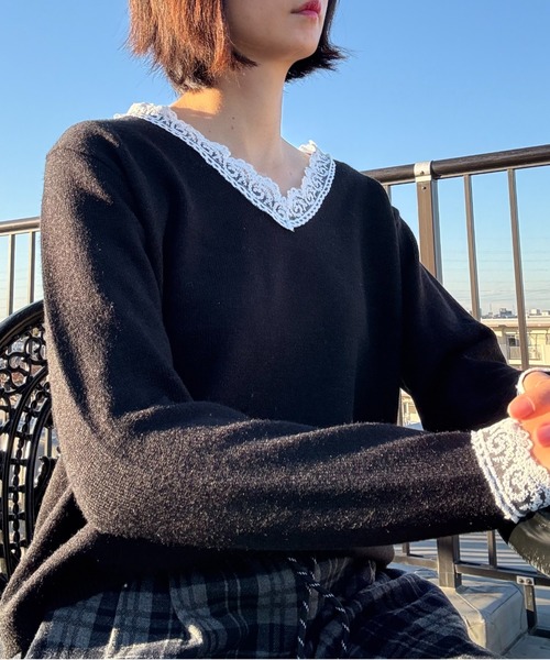 shoppinggo(ショッピングゴー)の「Vネックニット ニットトップス レース切り替え レディース 長袖 セーター オフィス OL 通勤 通学 きれいめ フェミニン(ニット/セーター・レディース・キャメル/ピンク/ホワイト/ブラック/グレー・FREE)」の6枚目の写真
