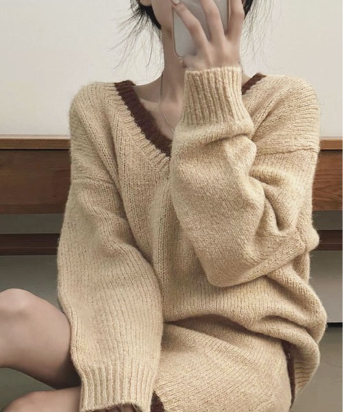 kirakiraShop(キラキラショップ)の「配色 ニットトップス&ミニスカート セットアップ(ニット/セーター・レディース・ブラック/ベージュ/ブラウン・FREE)」の1枚目の写真
