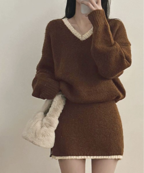 kirakiraShop(キラキラショップ)の「配色 ニットトップス&ミニスカート セットアップ(ニット/セーター・レディース・ブラック/ベージュ/ブラウン・FREE)」の3枚目の写真