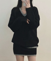 配色 ニットトップス＆ミニスカート セットアップ