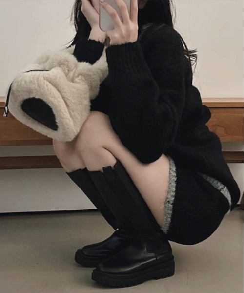 kirakiraShop(キラキラショップ)の「配色 ニットトップス&ミニスカート セットアップ(ニット/セーター・レディース・ブラック/ベージュ/ブラウン・FREE)」の4枚目の写真