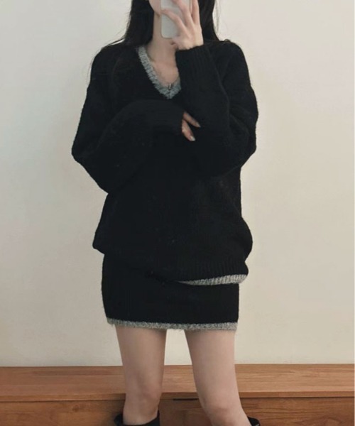 kirakiraShop(キラキラショップ)の「配色 ニットトップス&ミニスカート セットアップ(ニット/セーター・レディース・ブラック/ベージュ/ブラウン・FREE)」の5枚目の写真
