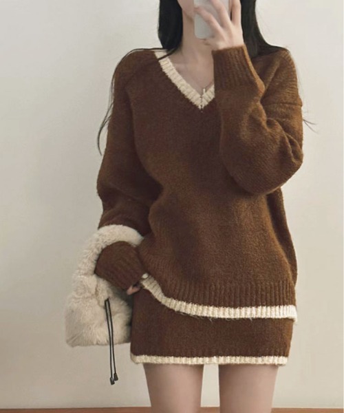 kirakiraShop(キラキラショップ)の「配色 ニットトップス&ミニスカート セットアップ(ニット/セーター・レディース・ブラック/ベージュ/ブラウン・FREE)」の7枚目の写真