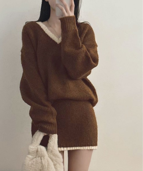kirakiraShop(キラキラショップ)の「配色 ニットトップス&ミニスカート セットアップ(ニット/セーター・レディース・ブラック/ベージュ/ブラウン・FREE)」の8枚目の写真