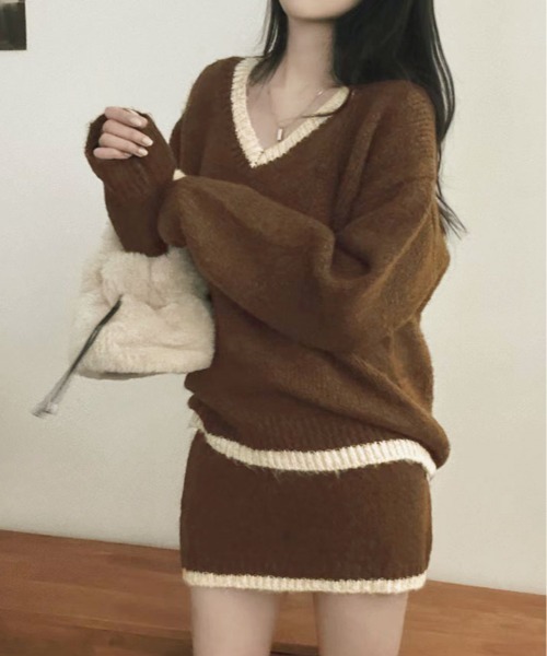 kirakiraShop(キラキラショップ)の「配色 ニットトップス&ミニスカート セットアップ(ニット/セーター・レディース・ブラック/ベージュ/ブラウン・FREE)」の10枚目の写真