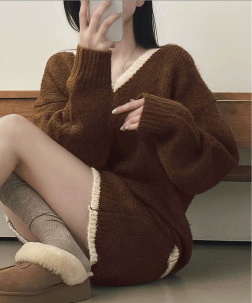 kirakiraShop(キラキラショップ)の「配色 ニットトップス&ミニスカート セットアップ(ニット/セーター・レディース・ブラック/ベージュ/ブラウン・FREE)」の11枚目の写真